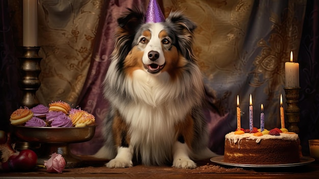 Celebración de cumpleaños de un lindo perro mascota feliz con un pastel de cumpleaños IA generativa