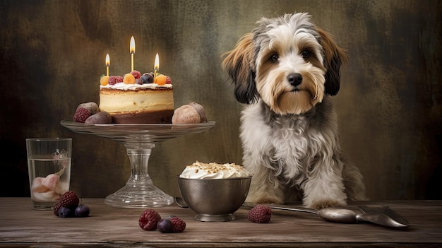 Celebración de cumpleaños de un lindo perro mascota feliz con un pastel de cumpleaños IA generativa