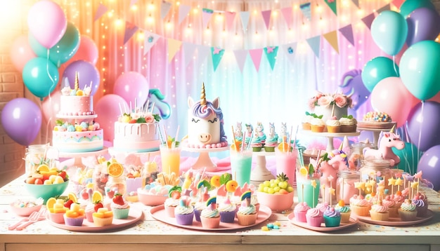 Celebración de cumpleaños mágica con tema de unicornio con una guirlanda de globos