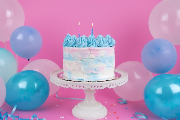 Foto celebración de cumpleaños con un pastel de aniversario decadente decorado con confeti de globos a la luz de las velas