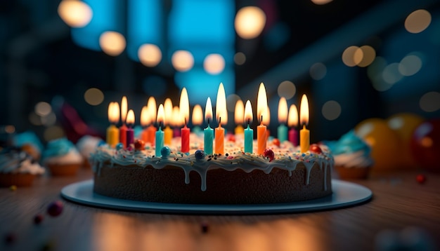 Una celebración de cumpleaños con velas encendidas sobre un pastel de chocolate generada por inteligencia artificial