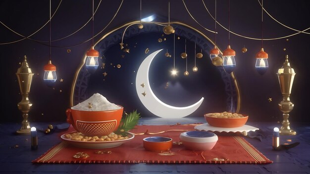 Celebración y decoración de Ramadan kareem3d diseño de ilustración de render