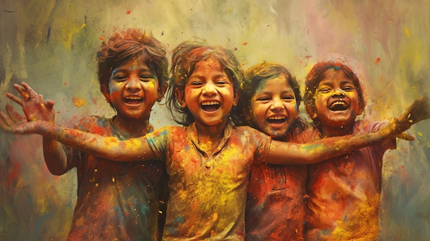 Celebración del día del festival de Holi Ilustración colorida de un grupo de niños alegres jugando a Holi