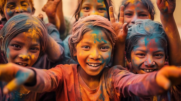 Celebración del día del festival de Holi Ilustración colorida de un grupo de niños alegres jugando a Holi