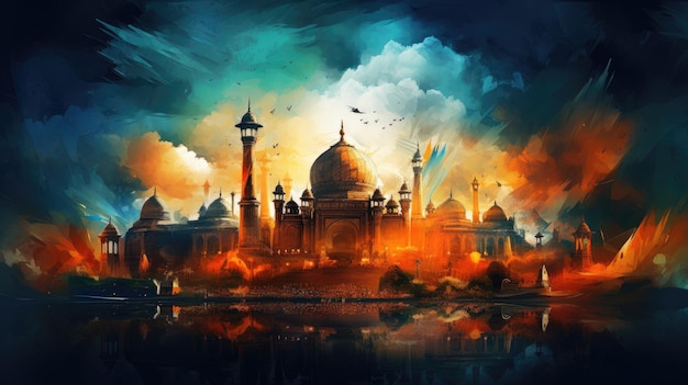 Celebración del Día de la Independencia de la India Fuegos artificiales y Taj Mahal diseño de fondo oscuro Generativo ai