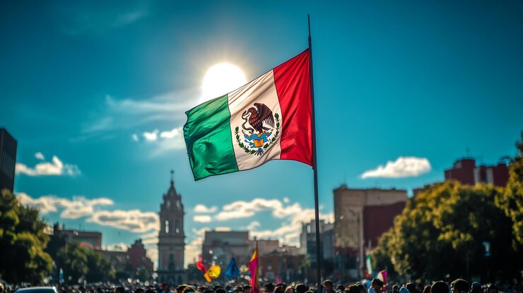 Celebración del Día de la Independencia de México en el centro de la Ciudad de México bajo un cielo vibrante