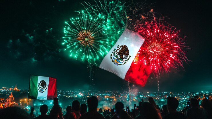 Celebración del Día de la Independencia de México con fuegos artificiales y exhibición de banderas en el cielo nocturno
