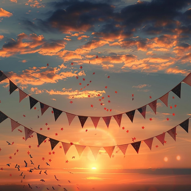 Celebración del Día de la Liberación al atardecer con banderas patrióticas