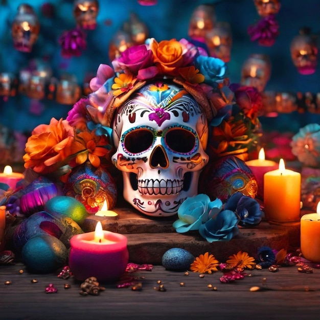 Celebración del día de los muertos decoraciones coloridas velas y cráneos decorados con flores