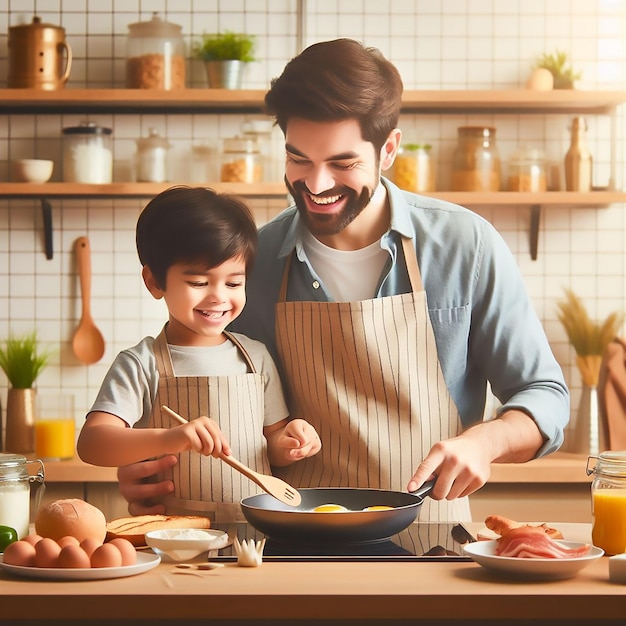 Celebración del Día del Padre padre e hijo cocinando el desayuno juntos en la cocina generado ai