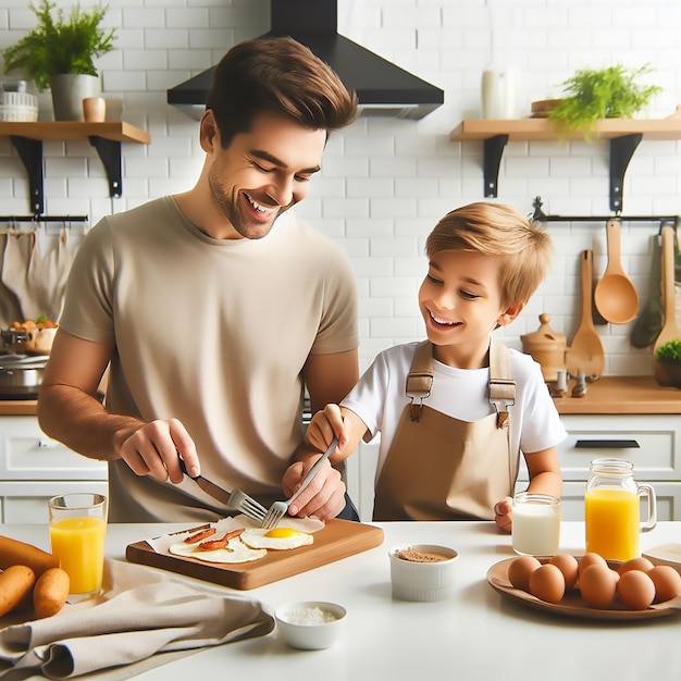 Celebración del Día del Padre padre e hijo cocinando el desayuno juntos en la cocina generado ai