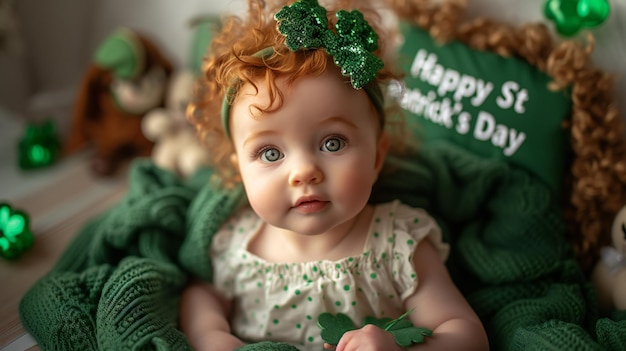 Celebración del Día de San Patricio Niño lindo en traje verde festivo con decoraciones