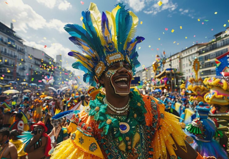 La celebración dinámica y animada del Carnaval en Río de Janeiro, Brasil, mostrando las vibrantes carrozas, trajes impresionantes y decoraciones callejeras festivas bajo un cielo soleado y brillante.