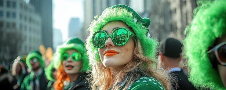 Celebración divertida del Día de San Patricio con personas con pelucas y sombreros verdes vibrantes en el Festival