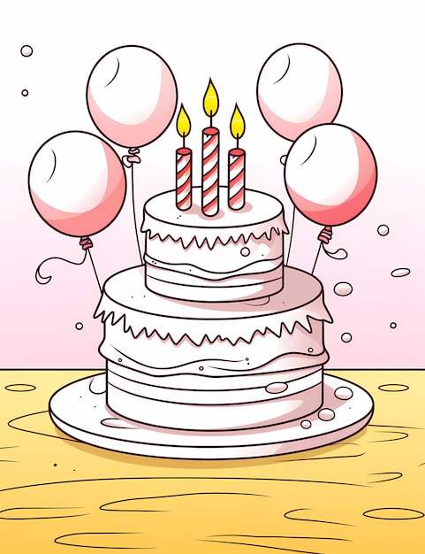 Foto celebración divertida página sencilla para colorear de una fiesta de cumpleaños con pastel de globos