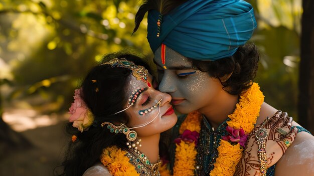 Celebración divina del amor Joven pareja como Radha y Krishna