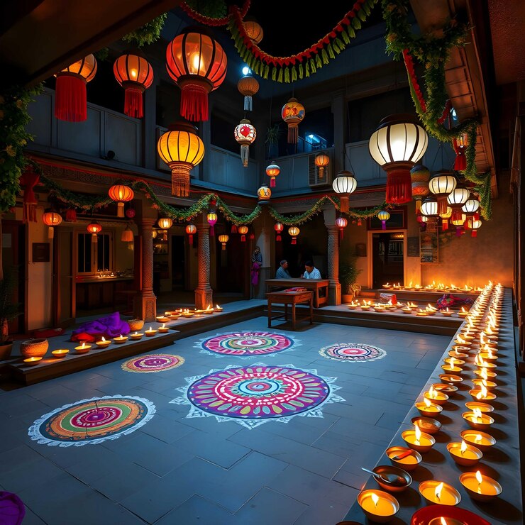 Celebración de Diwali con dias tradicionales indias y velas rodeadas de flores vibrantes