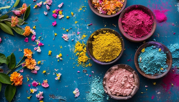 una celebración ecológica de Holi con polvos de color biodegradables y decoraciones florales mínimas