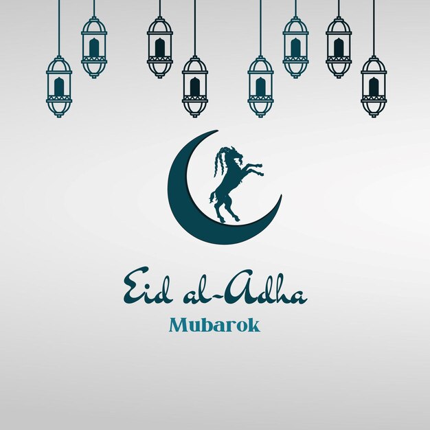 Celebración de Eid al-Adha Mubarak con media luna y linternas