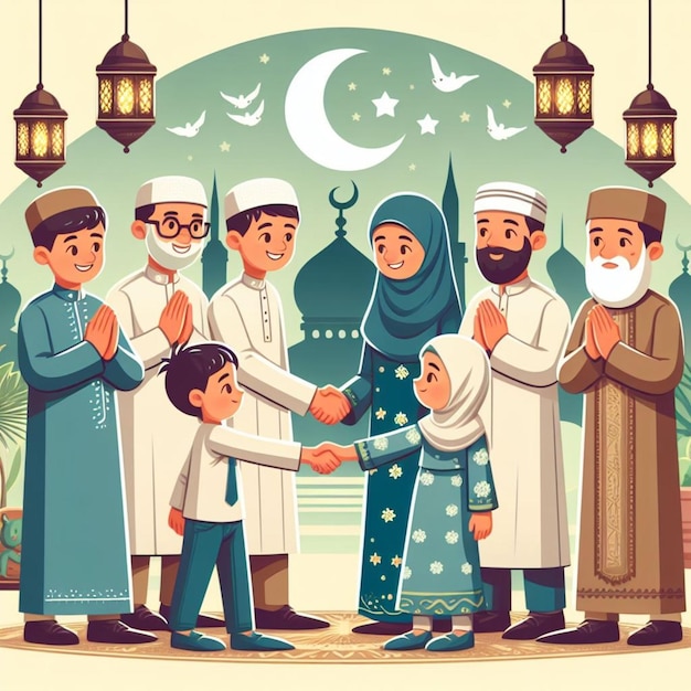 Celebración de Eid al-Fitr con familias que se estrechan las manos