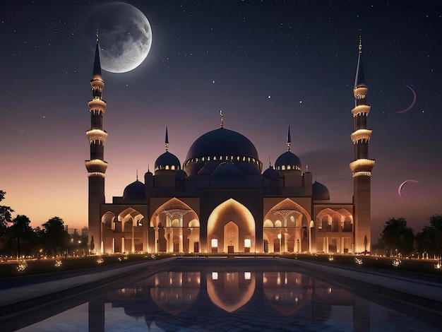 Foto celebración de eid al-fitr mezquita brillando bajo el cielo nocturno estrellado con luna creciente