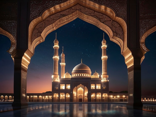 Celebración de Eid al-Fitr Mezquita brillando bajo el cielo nocturno estrellado con luna creciente