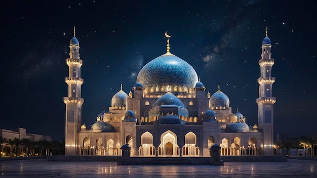 Celebración de Eid al-Fitr Mezquita brillando bajo el cielo nocturno estrellado con luna creciente