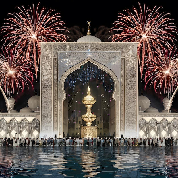 Celebración del Eid Mubarak Lámpara Real Puerta de la Mezquita con fuegos artificiales Ramadán Kareem Imagen de stock