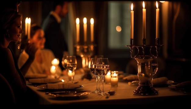 Celebración elegante con vino a la luz de las velas y lujo generado por IA