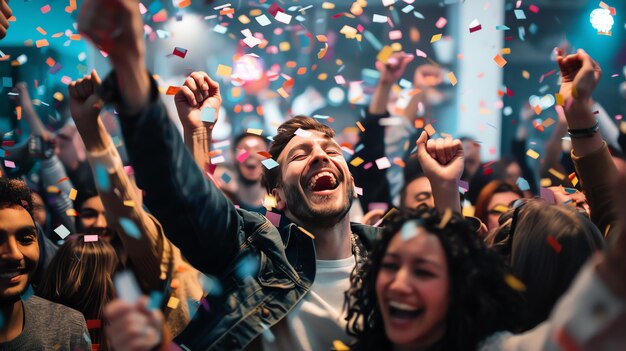 Foto celebración eufórica los festejadores extasiados arrojan sus manos en el aire mientras una lluvia de confeti cae capturando la esencia de la pura alegría y la libertad