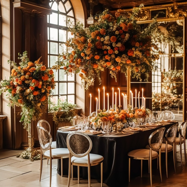 Celebración de eventos de boda y paisaje de mesa de vacaciones de otoño decoración otoñal clásica y mesa de cena formal en el paisaje de mesa de mansión de campo con velas y decoración floral