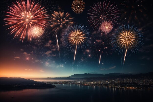 celebración feliz año nuevo y feliz navidad fuegos artificiales aislados en fondo negro aislado