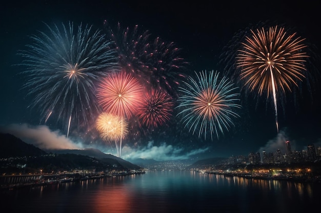 celebración feliz año nuevo y feliz navidad fuegos artificiales aislados en fondo negro aislado