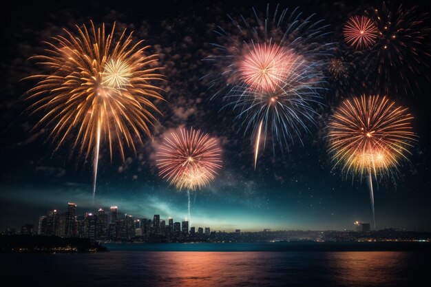 celebración feliz año nuevo y feliz navidad fuegos artificiales aislados en fondo negro aislado