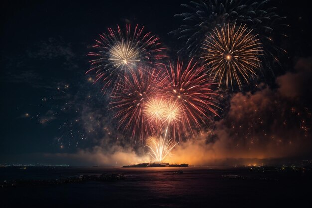 celebración feliz año nuevo y feliz navidad fuegos artificiales aislados en fondo negro aislado