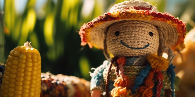 Celebración de festa junina con muñeca de madera hecha a mano fiesta brasileña sao joao decorada con maíz y guirnaldas ilustración generativa de ai