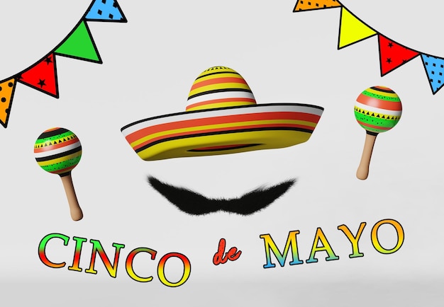 Celebración del festival Cinco de Mayo Maracas mariachi música sombrero sombrero bigote 3D renderizado Viva México saludo banner