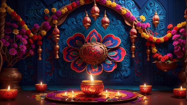 Foto celebración del festival hindú diwali con fondos de colores vibrantes y luces de lámparas diyas para la bandera