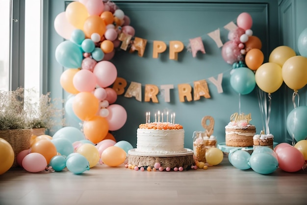 Celebración de fiesta de cumpleaños con ilustración de pastel y globos.