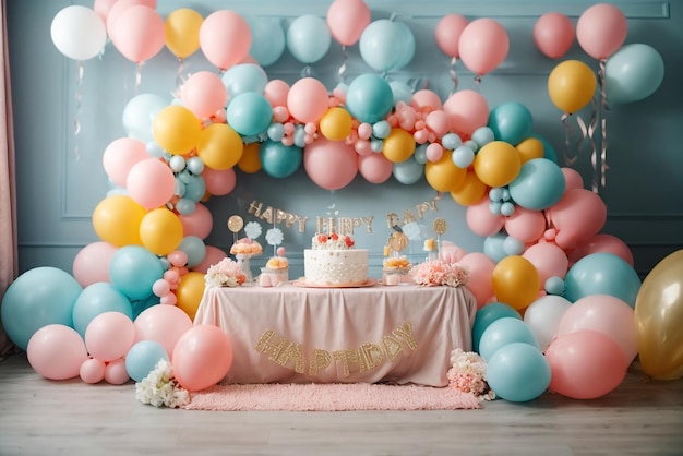 Celebración de fiesta de cumpleaños con ilustración de pastel y globos.