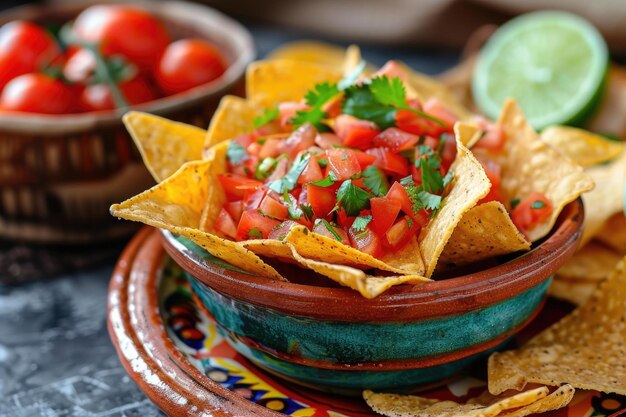 Foto celebración de la fiesta nacional del cinco de mayo nachos y tacos en una mesa colorida generada por ia