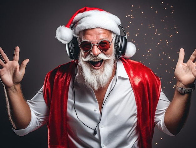 Celebración de la fiesta de Navidad funky loco Santa claus dj con auriculares blancos cantar canción melodía de sonido