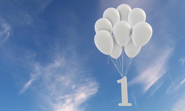 Celebración de la fiesta número 1 Número adjunto a un montón de globos blancos contra el cielo azul