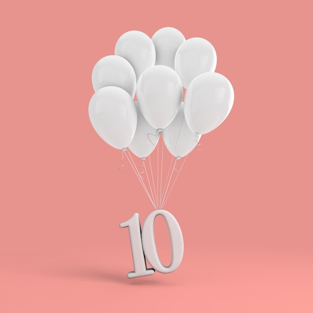 Celebración de la fiesta número 10 Número adjunto a un montón de globos blancos