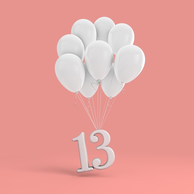 Celebración de la fiesta número 13 Número adjunto a un montón de globos blancos