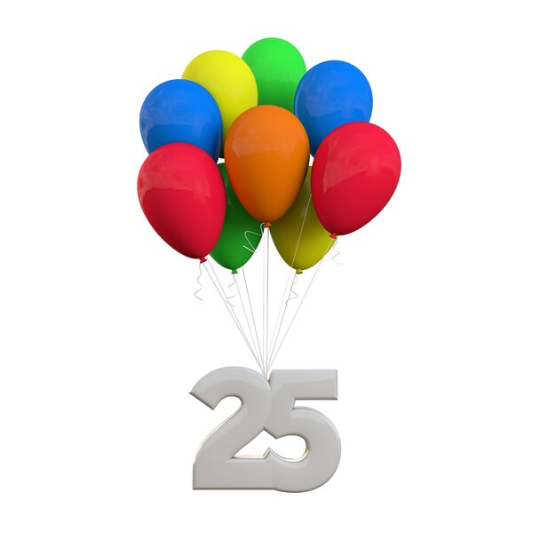 Foto celebración de la fiesta número 25 número adjunto a un montón de globos representación 3d