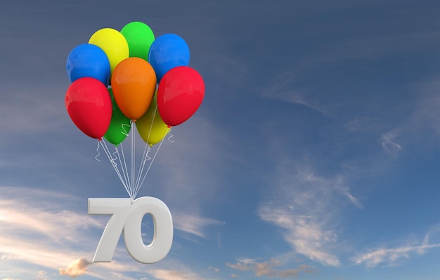 Celebración de la fiesta número 70 Número adjunto a un montón de globos Representación 3D