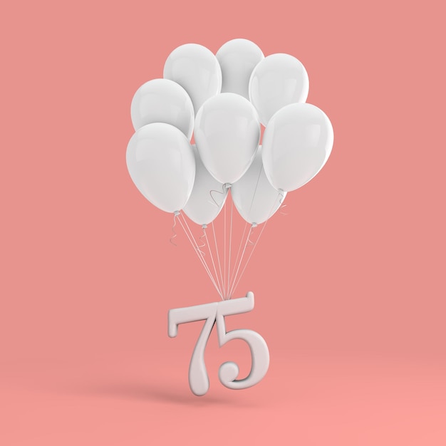 Celebración de la fiesta número 75 Número adjunto a un montón de globos blancos