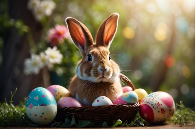 Celebración de la fiesta de Pascua con imágenes de conejos y terurs decorados en cestas en el jardín