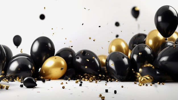 Foto celebración fondo blanco con globos de oro negro regalos y confeti